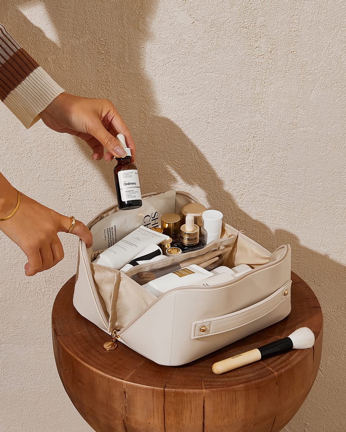 EACHY travel makeup bag white finish offers minimalist style