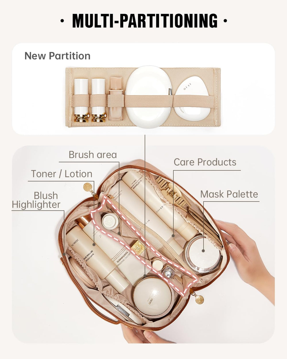 EACHY Travel Makeup Bag with divider for organized brushes and skincare