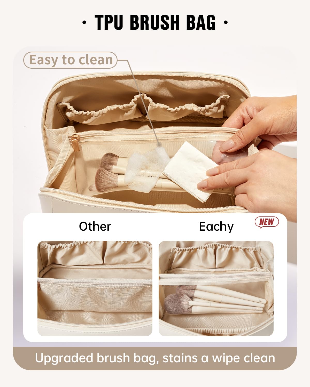 Eachy travel makeup bag – divider and handle for easy setup and separation.