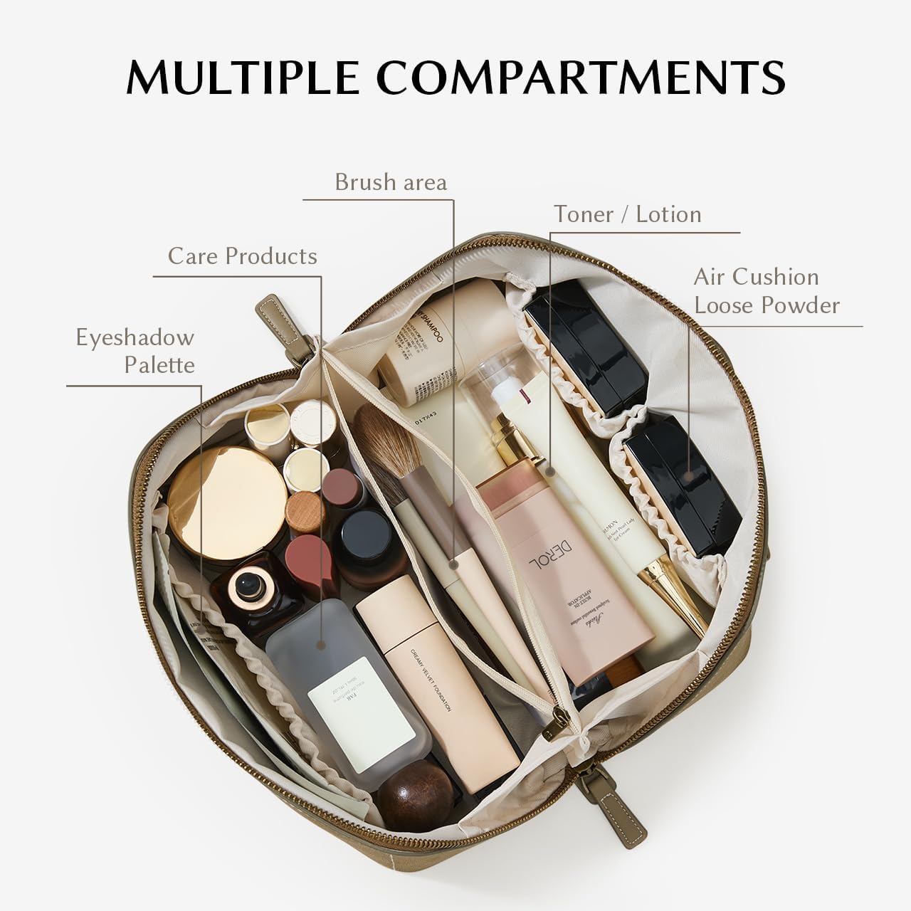 EACHY travel makeup bag flat-open design for quick access and easy packing.