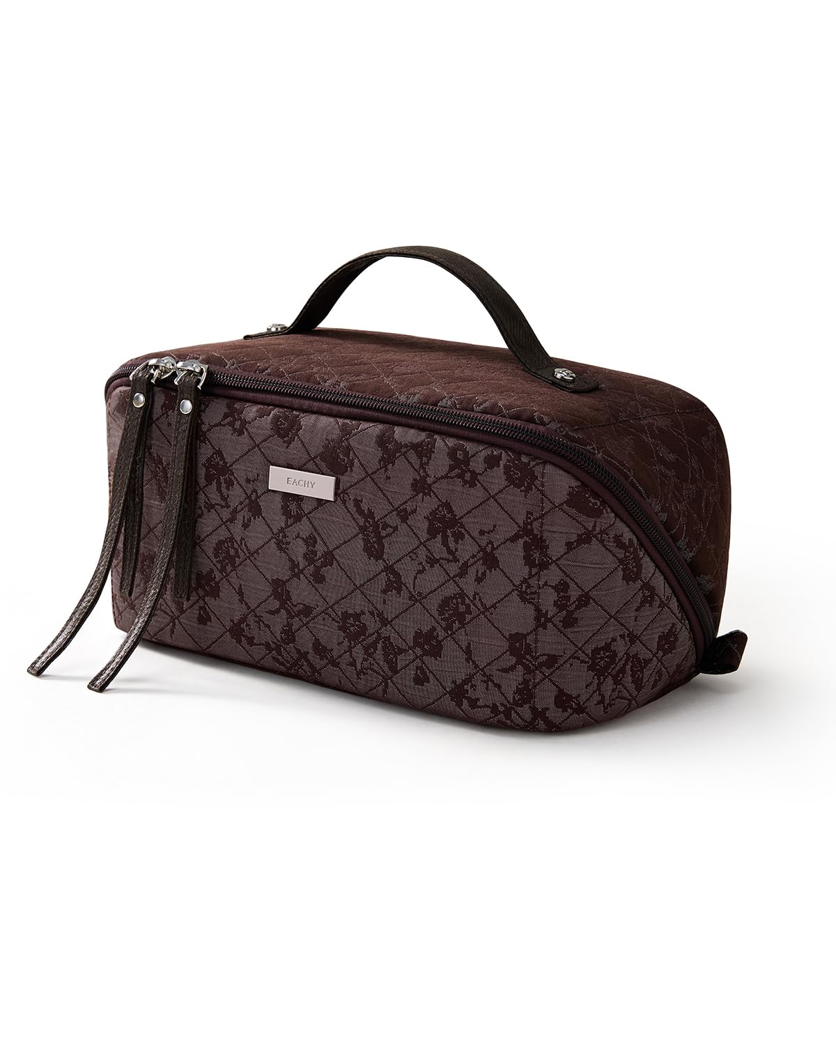 EACHY travel makeup bag showing flat-opening design for easy access to cosmetics