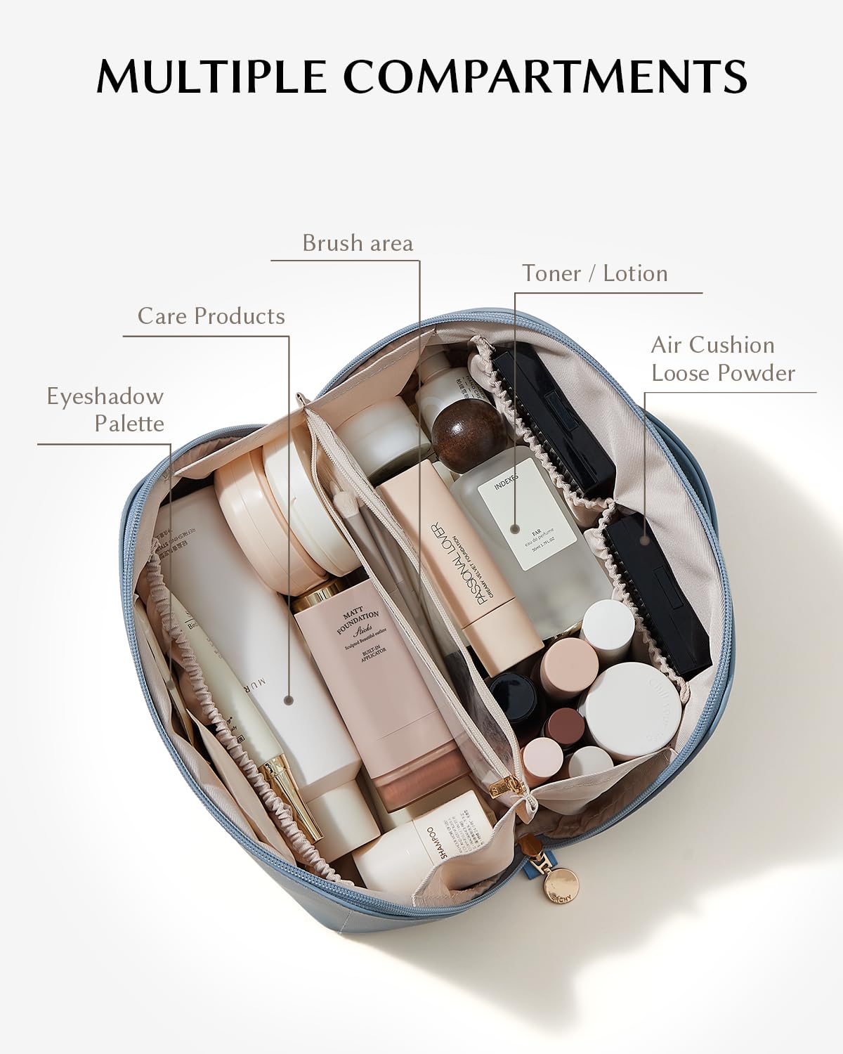 Eachy travel makeup bag with flat-opening design for easy access
