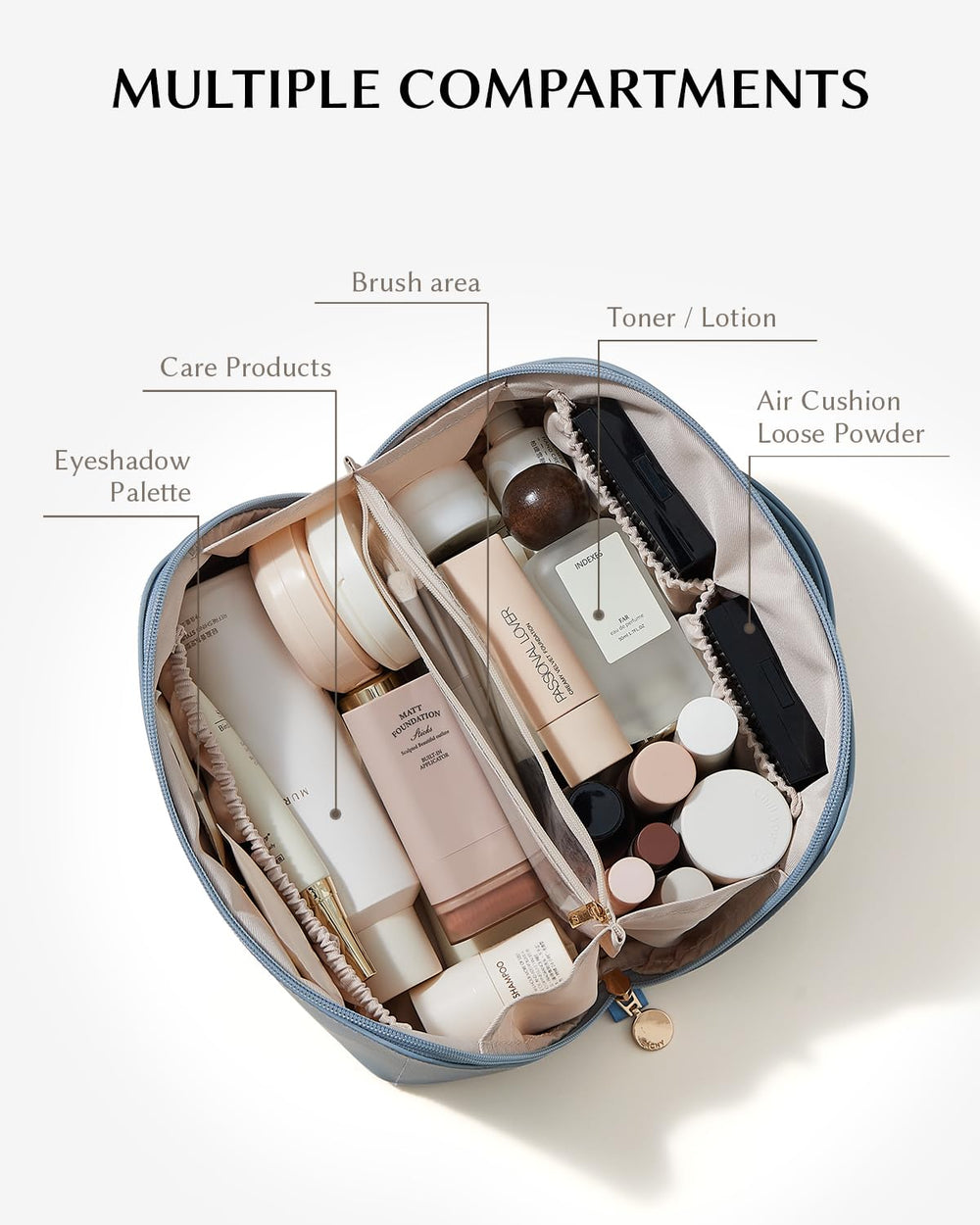 Eachy travel makeup bag with flat-opening design for easy access