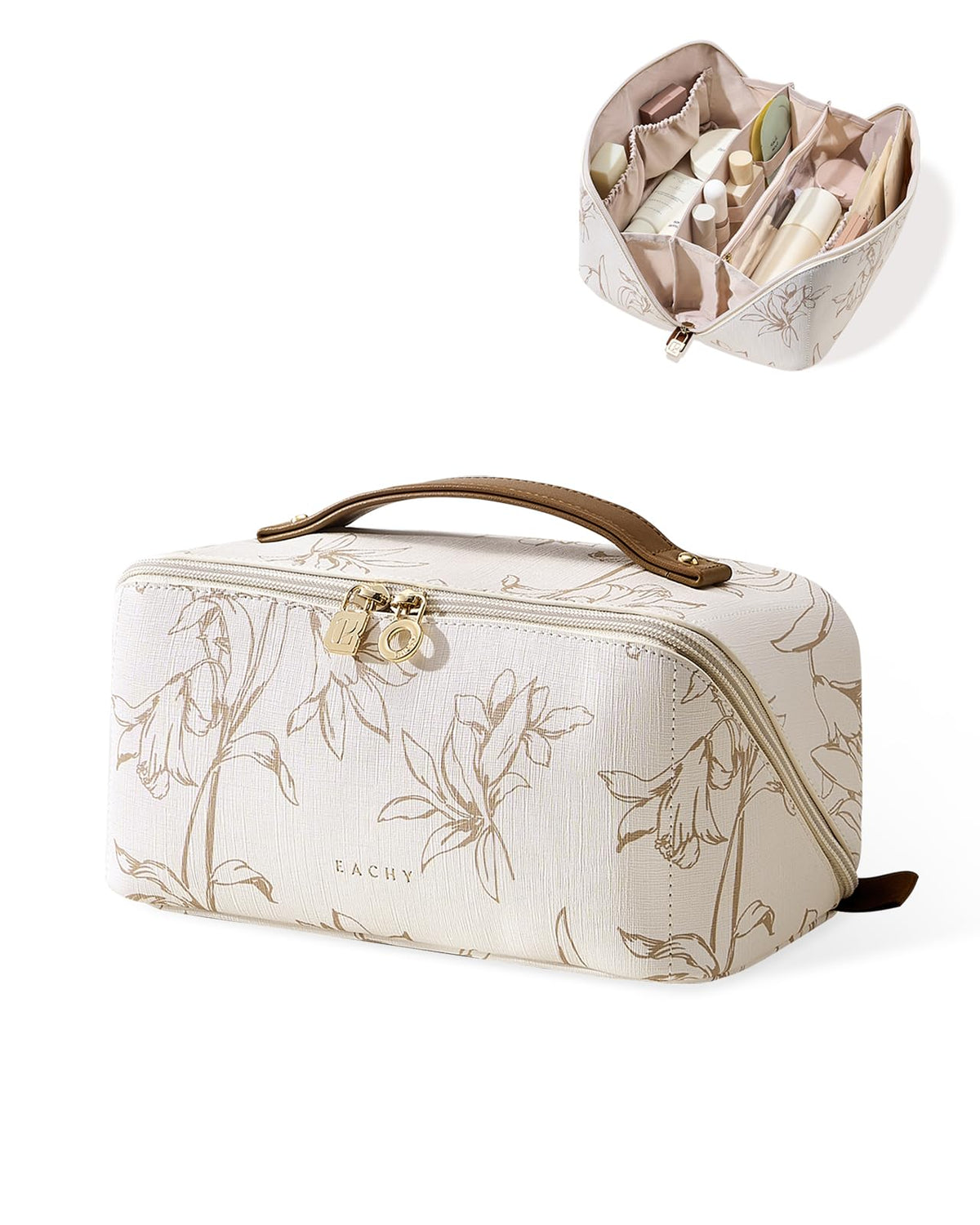 EACHY Travel Makeup Bag front view shows large capacity for organizing cosmetics on the go.