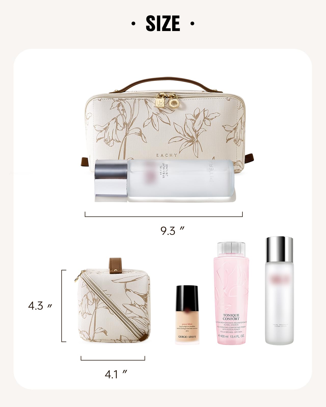 Eachy travel makeup bag full-open view shows items at a glance