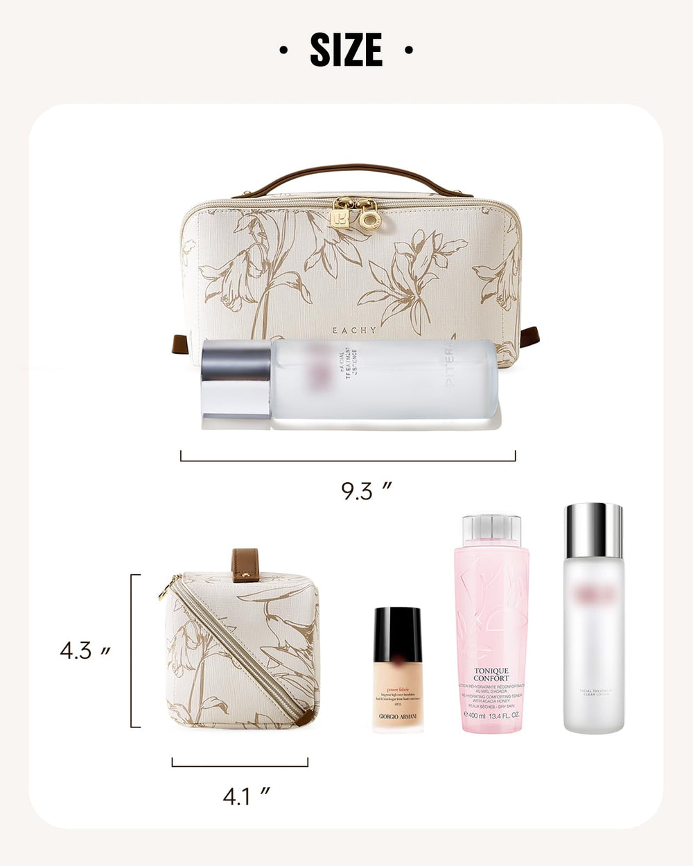 Eachy travel makeup bag full-open view shows items at a glance