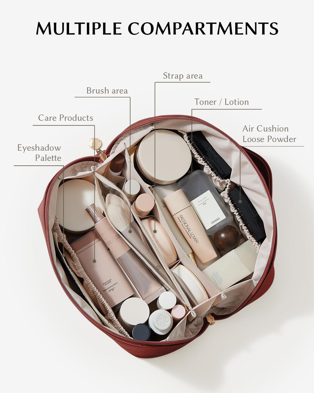 EACHY Travel Makeup Bag interior with divider helps organize cosmetics and brushes.