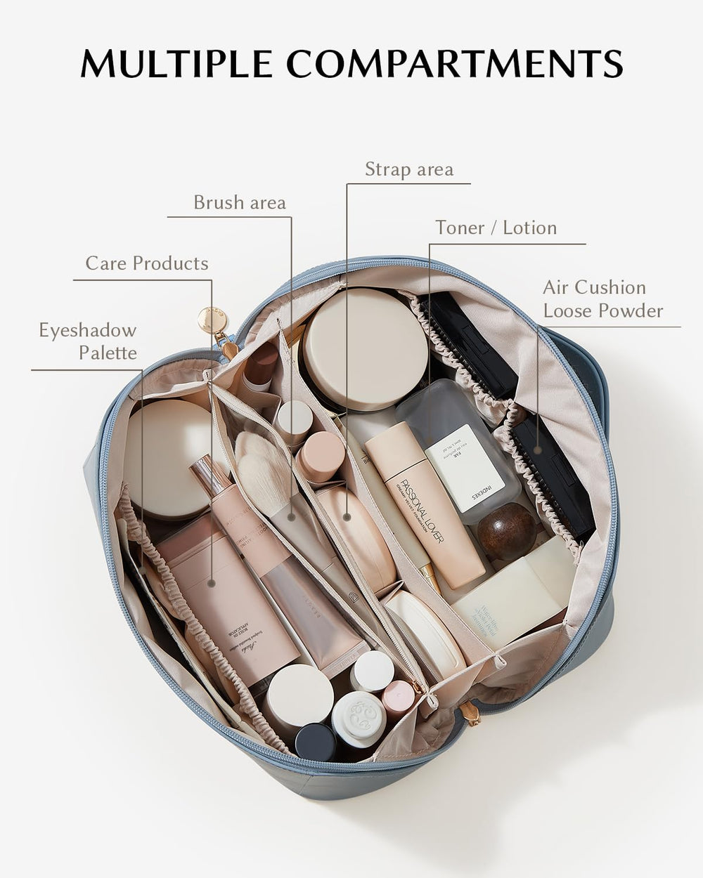 EACHY large-capacity makeup bag showing full-size bottles and brushes