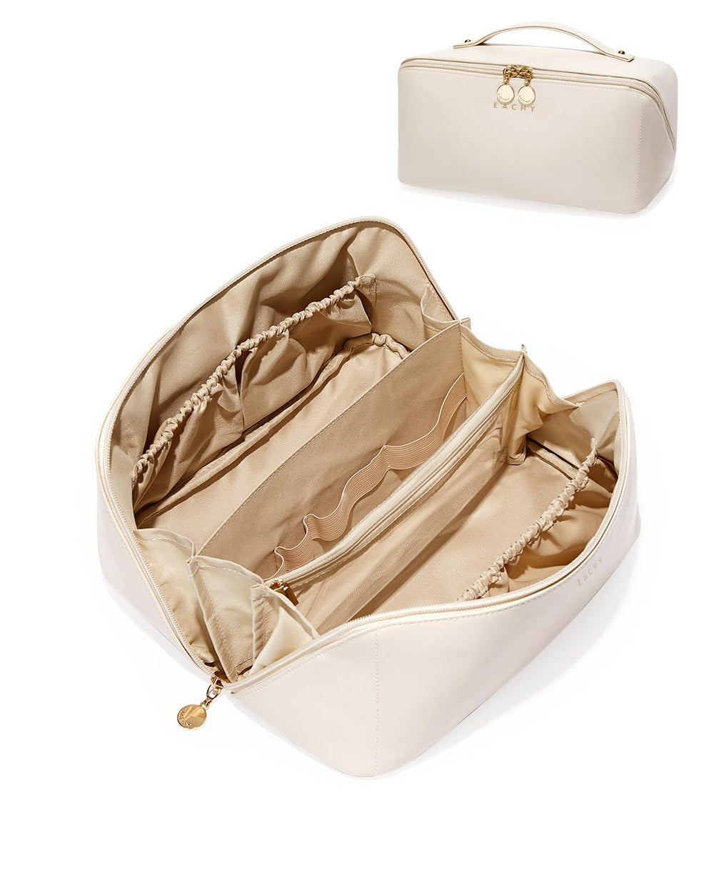Eachy travel makeup bag with large capacity showing full-size bottles organized.