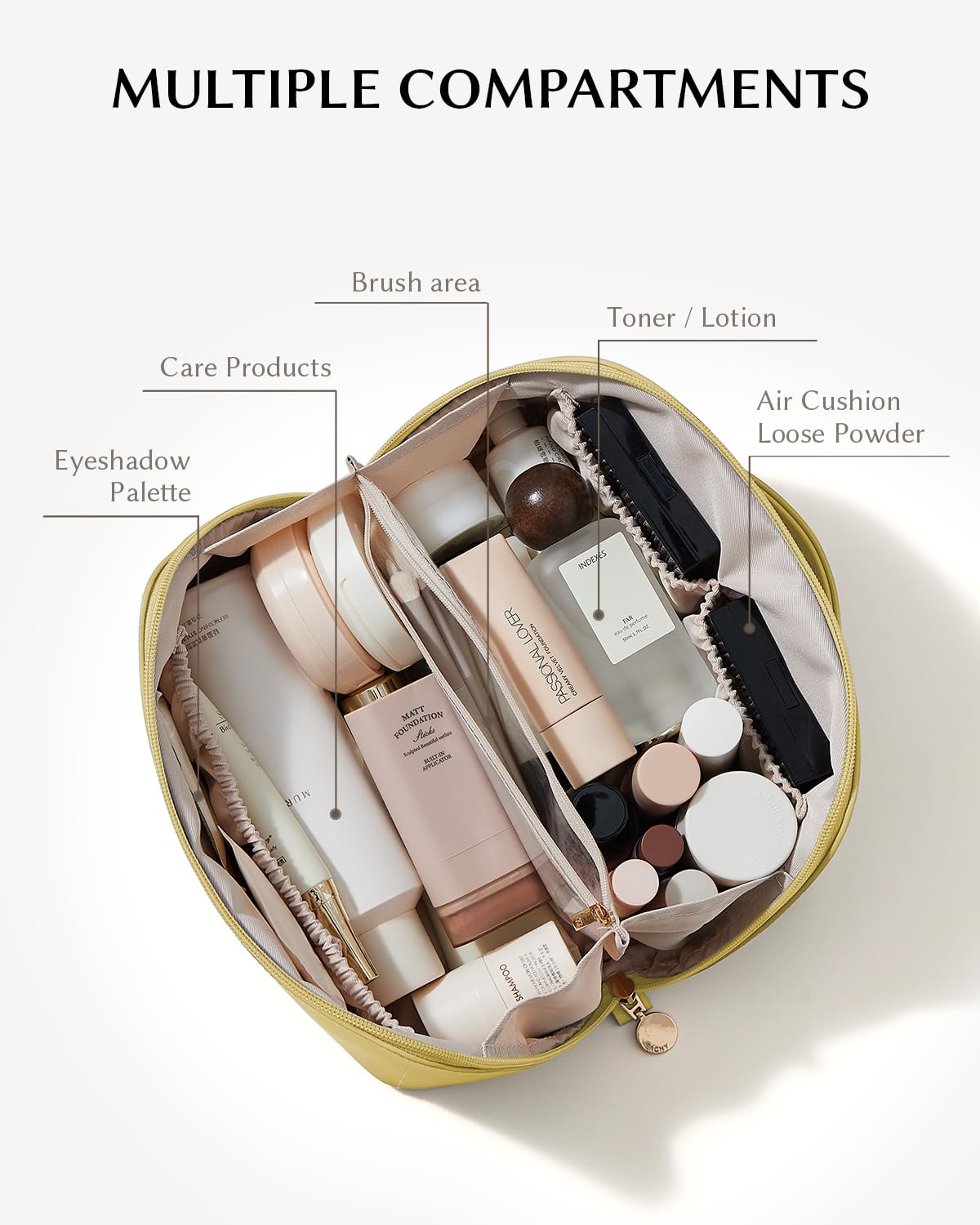 Eachy large-capacity cosmetic bag neatly organizes full-size bottles during travel.