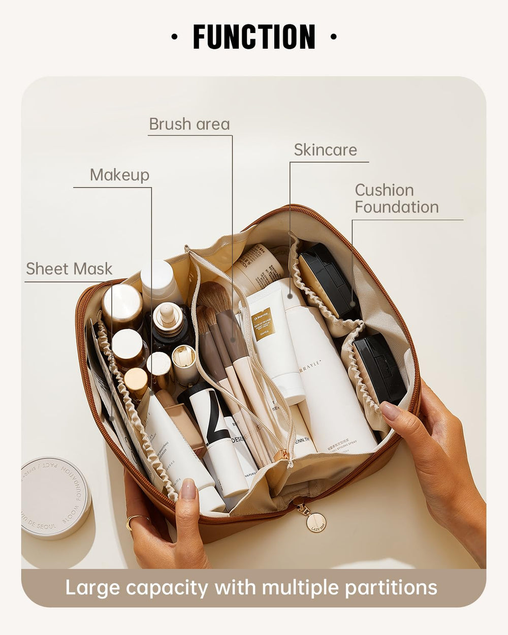 Eachy open-flat design gives easy access to cosmetics and tools.