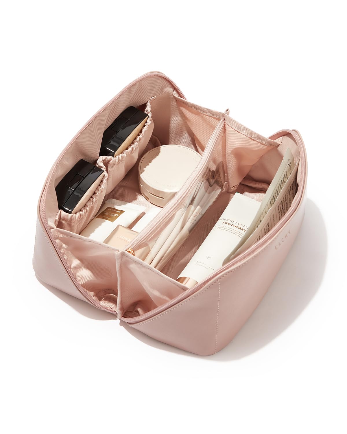 Eachy travel makeup bag pink exterior keeps cosmetics organized and ready for travel