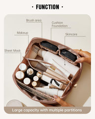 Eachy pink medium bag opened flat for easy access to all cosmetics