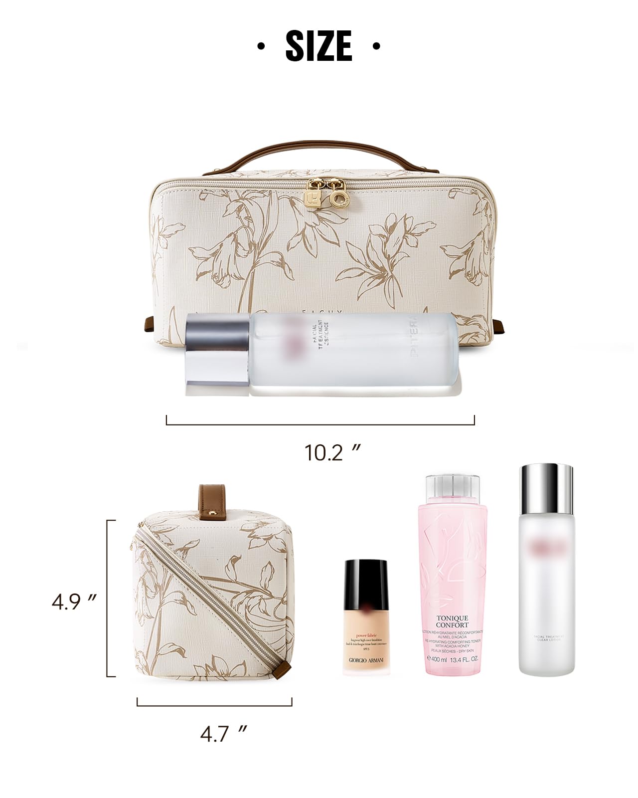 EACHY Travel Makeup Bag skincare section keeps routine items accessible.