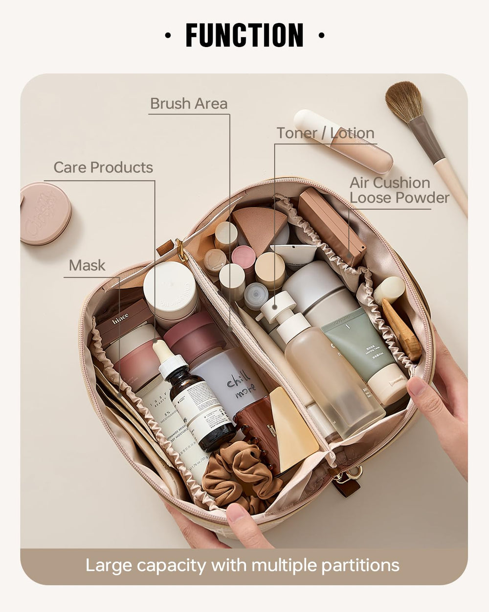 Eachy makeup bag with transparent brush pocket for quick access and tidy storage.
