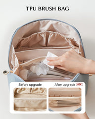 EACHY bag highlighting water-resistant PU exterior and waterproof brush compartment