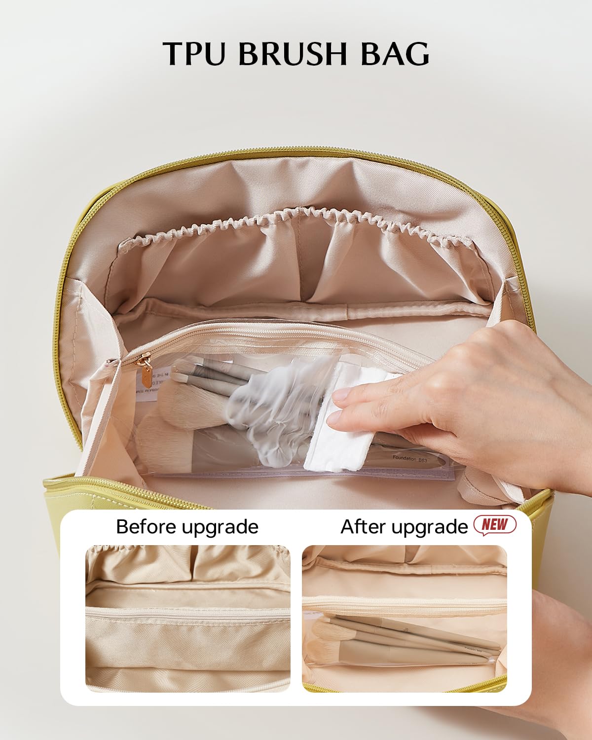 Eachy water-resistant bag with TPU brush compartment protects brushes on trips.