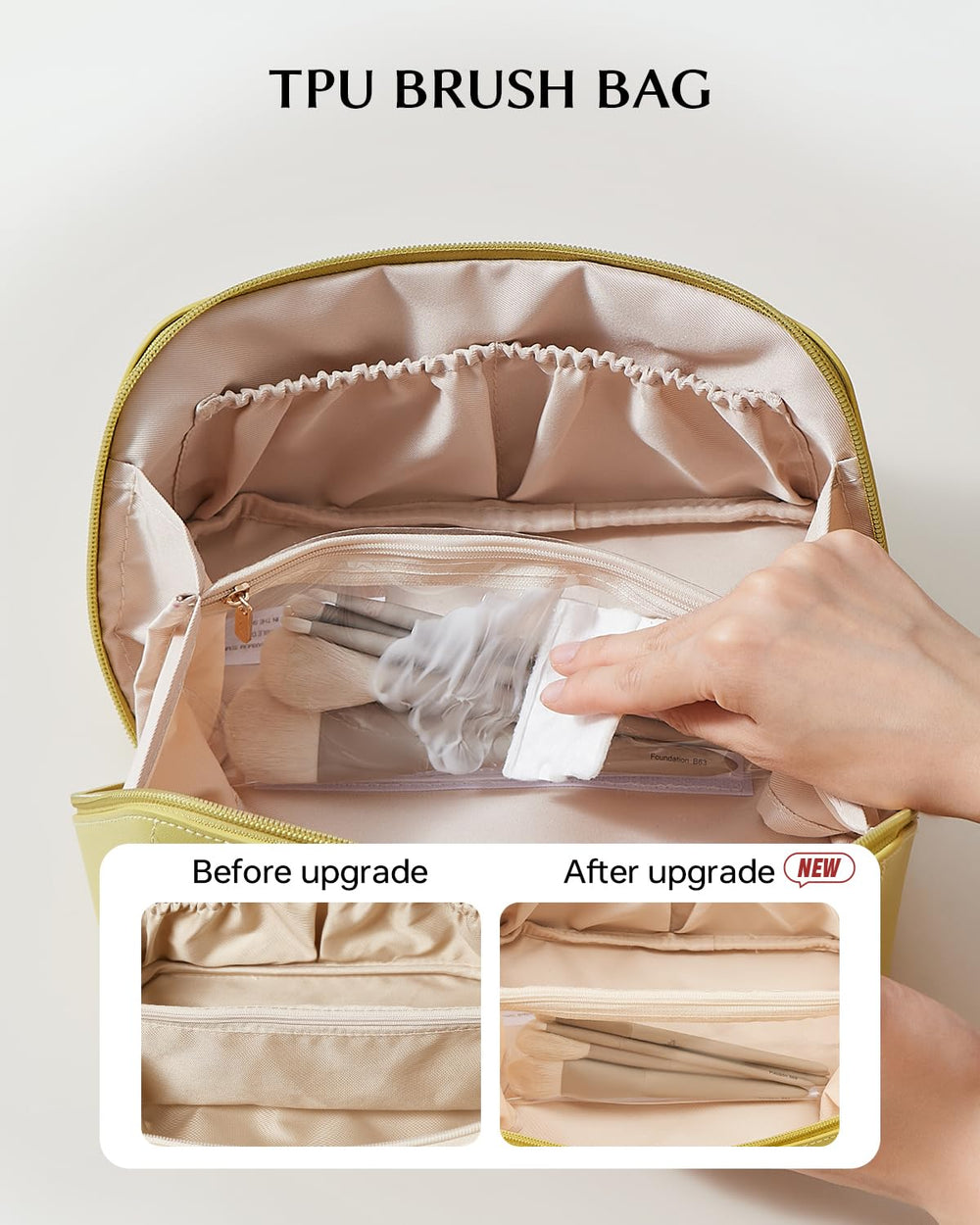 Eachy water-resistant bag with TPU brush compartment protects brushes on trips.