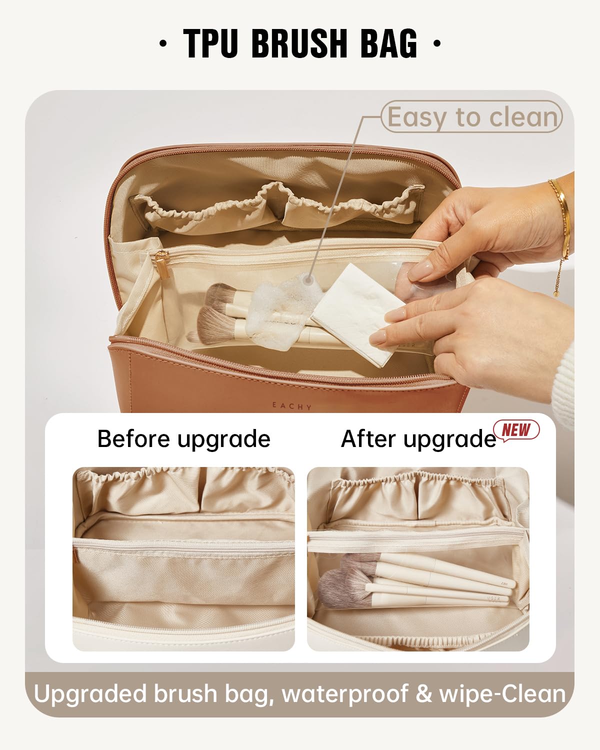 Eachy waterproof brush compartment protects brushes during travel.
