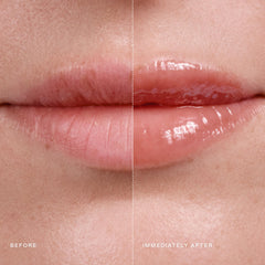 Texture closeup of EADEM lip balm showing creamy formula and hibiscus exfoliation.
