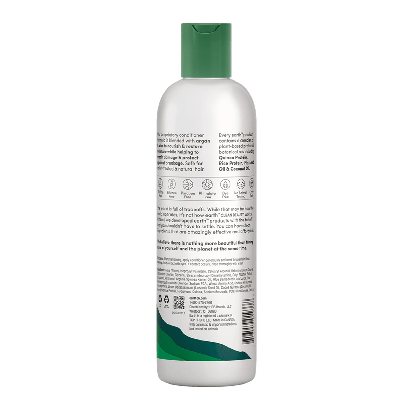 earth Acondicionador ingredientes argán y aloe, etiqueta que destaca nutrición suave para cabello.