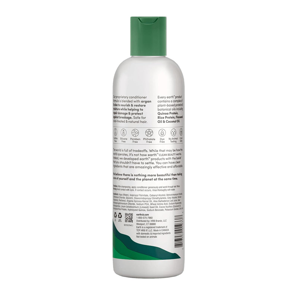 earth Acondicionador ingredientes argán y aloe, etiqueta que destaca nutrición suave para cabello.