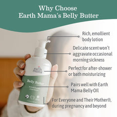Earth Mama Belly Butter aplicación en barriga, suavidad durante el embarazo.