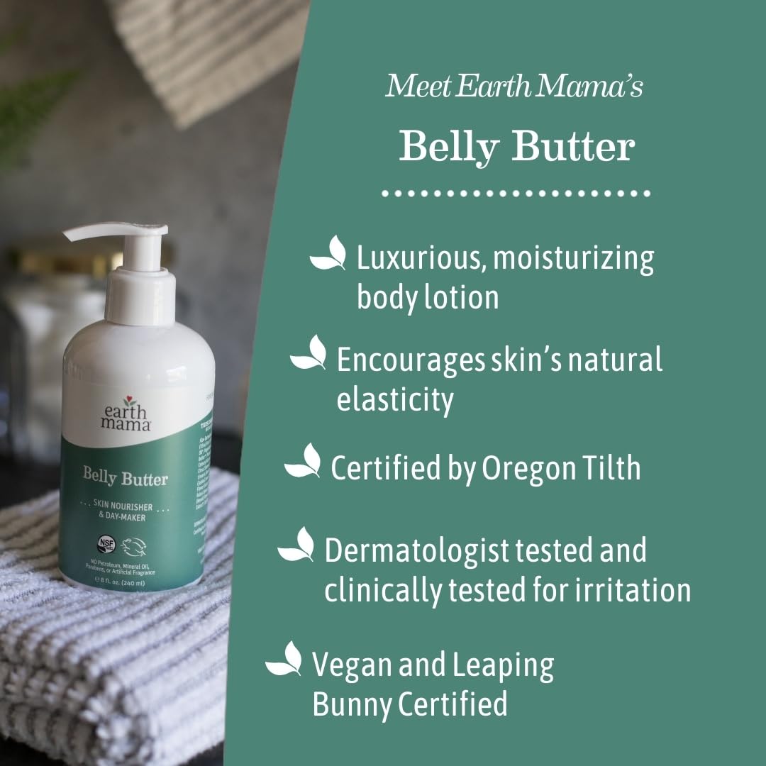 Earth Mama Belly Butter ingredientes clave, manteca de karité y jojoba para hidratación.