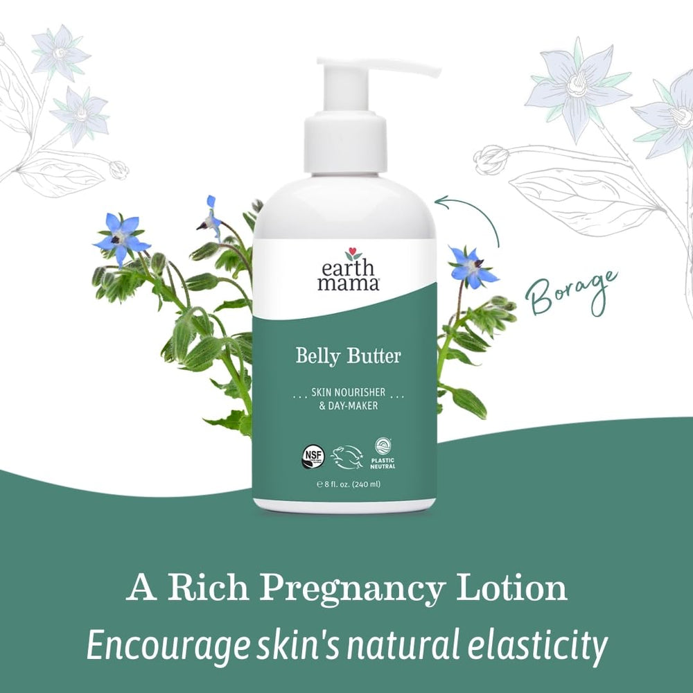 Earth Mama Belly Butter uso diario, parte de la rutina de cuidado.