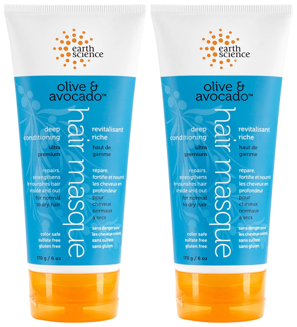 Earth Science Olive Avocado Masque two-pack jar close-up showing rich conditioning.