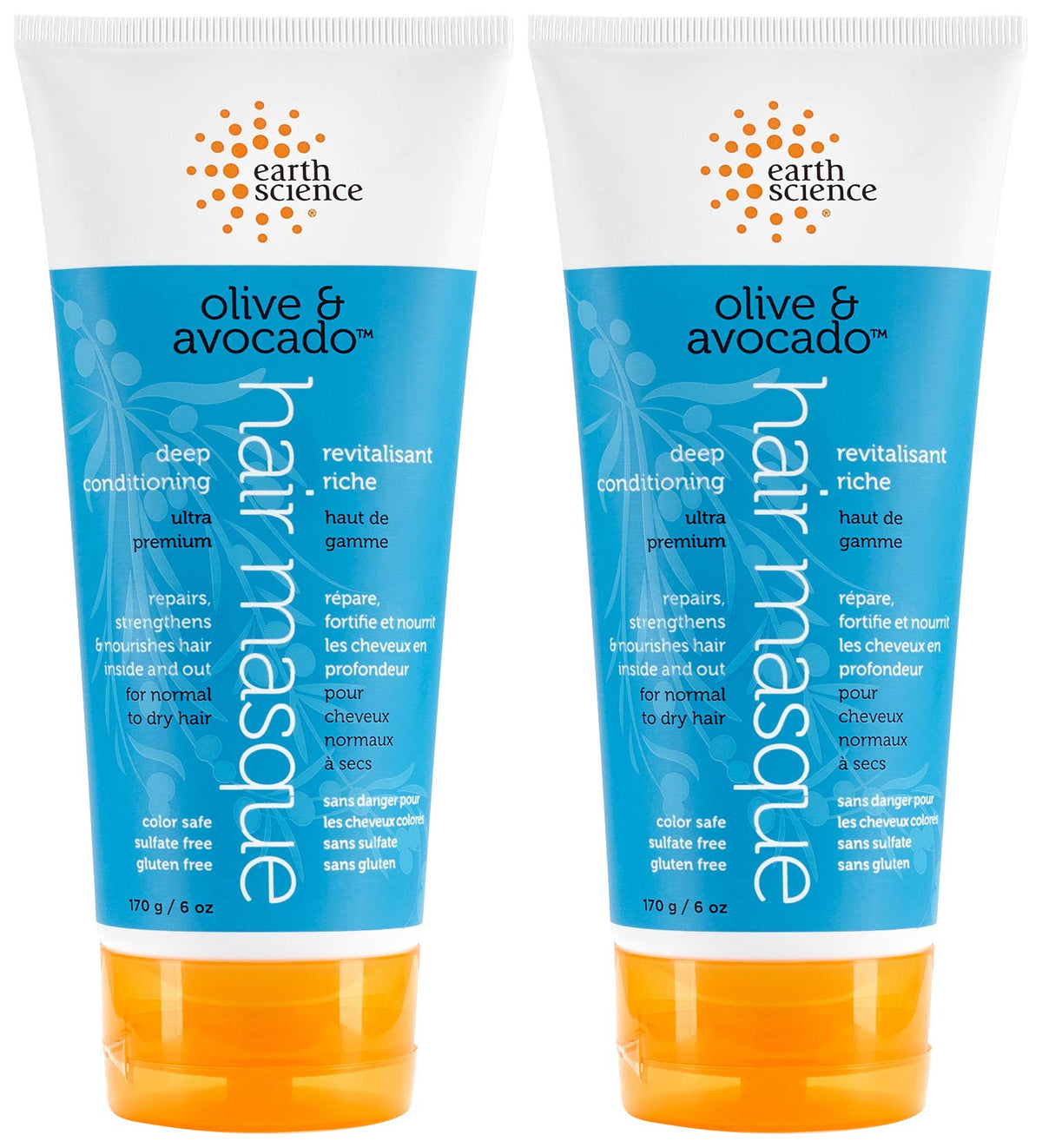 Earth Science Olive Avocado Masque two-pack jar close-up showing rich conditioning.