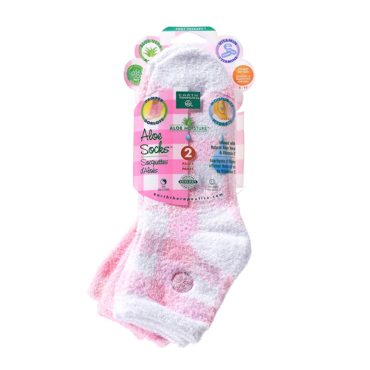 Earth Therapeutics Calcetines con Aloe, rosa a cuadros, para pies suaves y confort nocturno