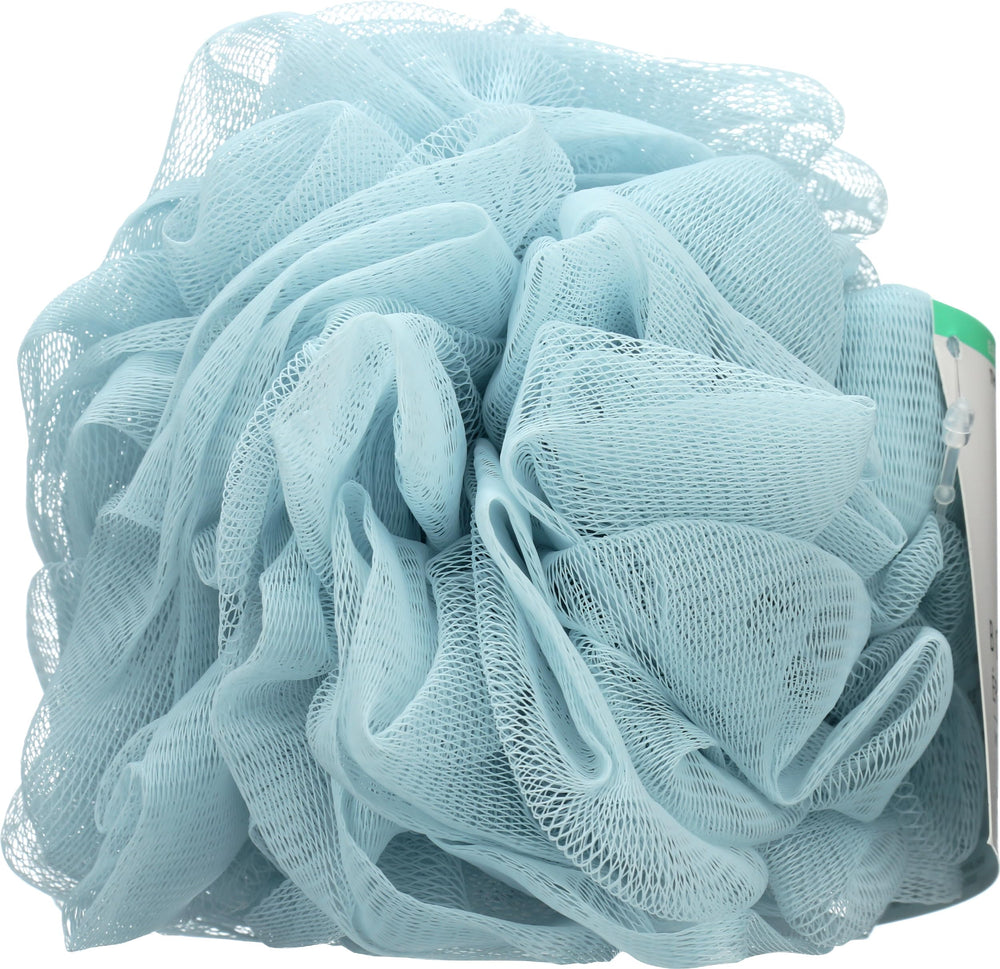 Earth Therapeutics Hydro Body Sponge on a bathroom shelf showing compact daily use.