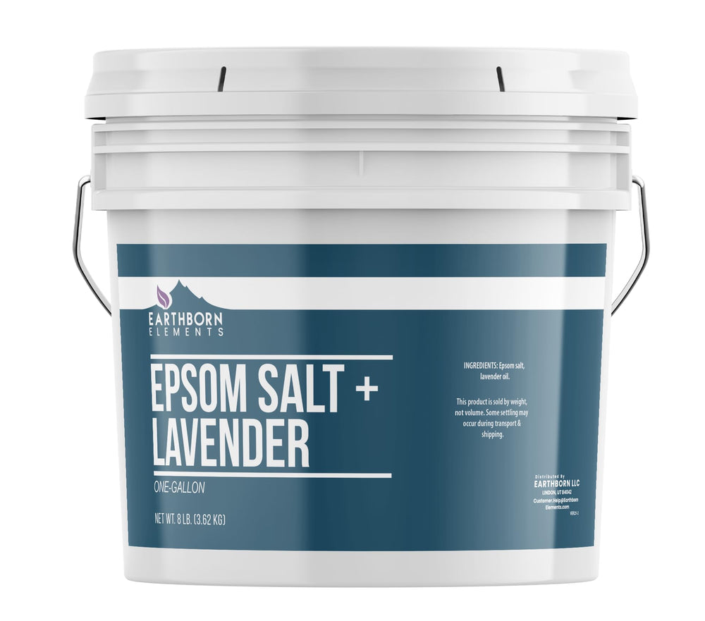 Earthborn Elements Lavender Epsom Salt bottle promotes a calming bath ritual.