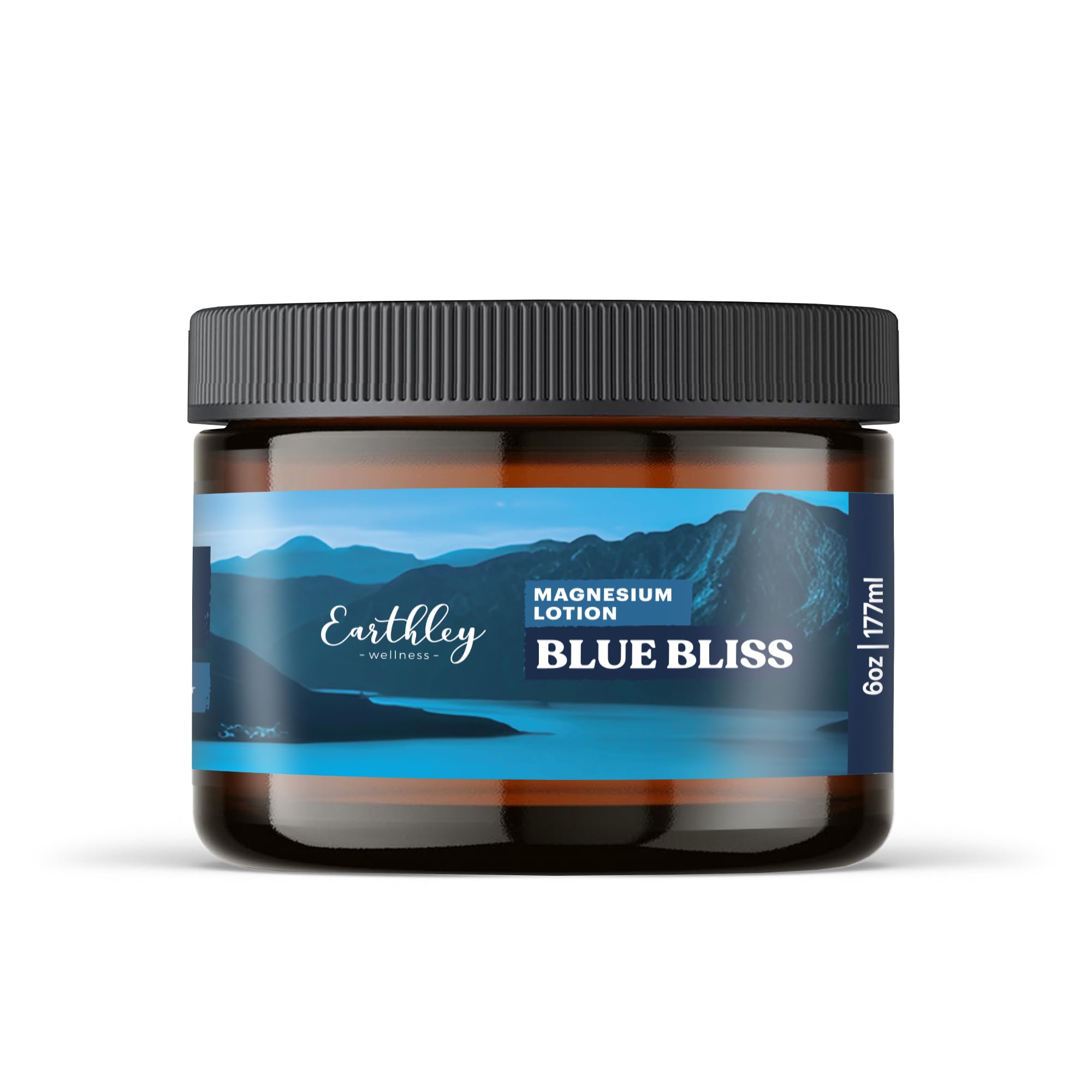 Earthley Wellness magnesium lotion blue bliss bottle for nightly skin hydration.