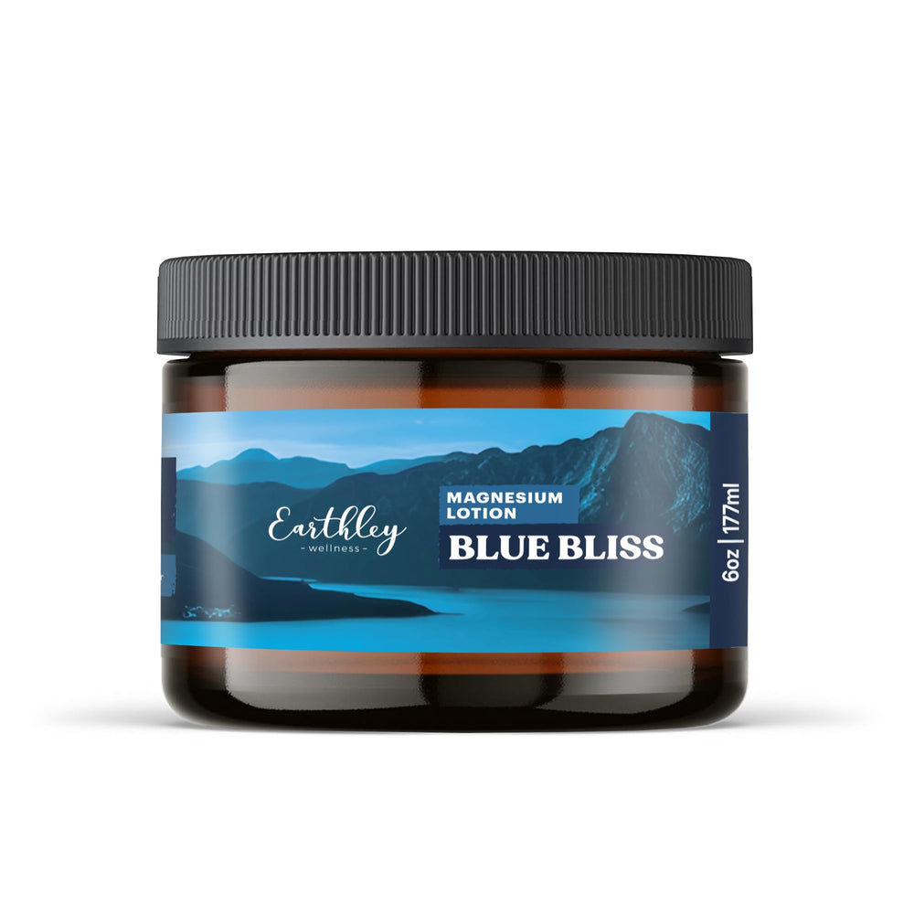 Earthley Wellness magnesium lotion blue bliss bottle for nightly skin hydration.