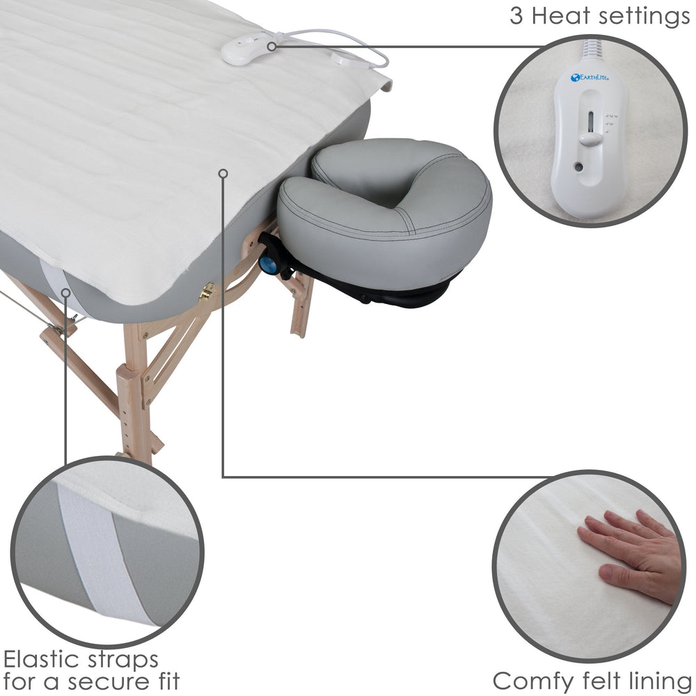Felt-lined cover of the EarthLite warmer adds plush comfort and table protection.