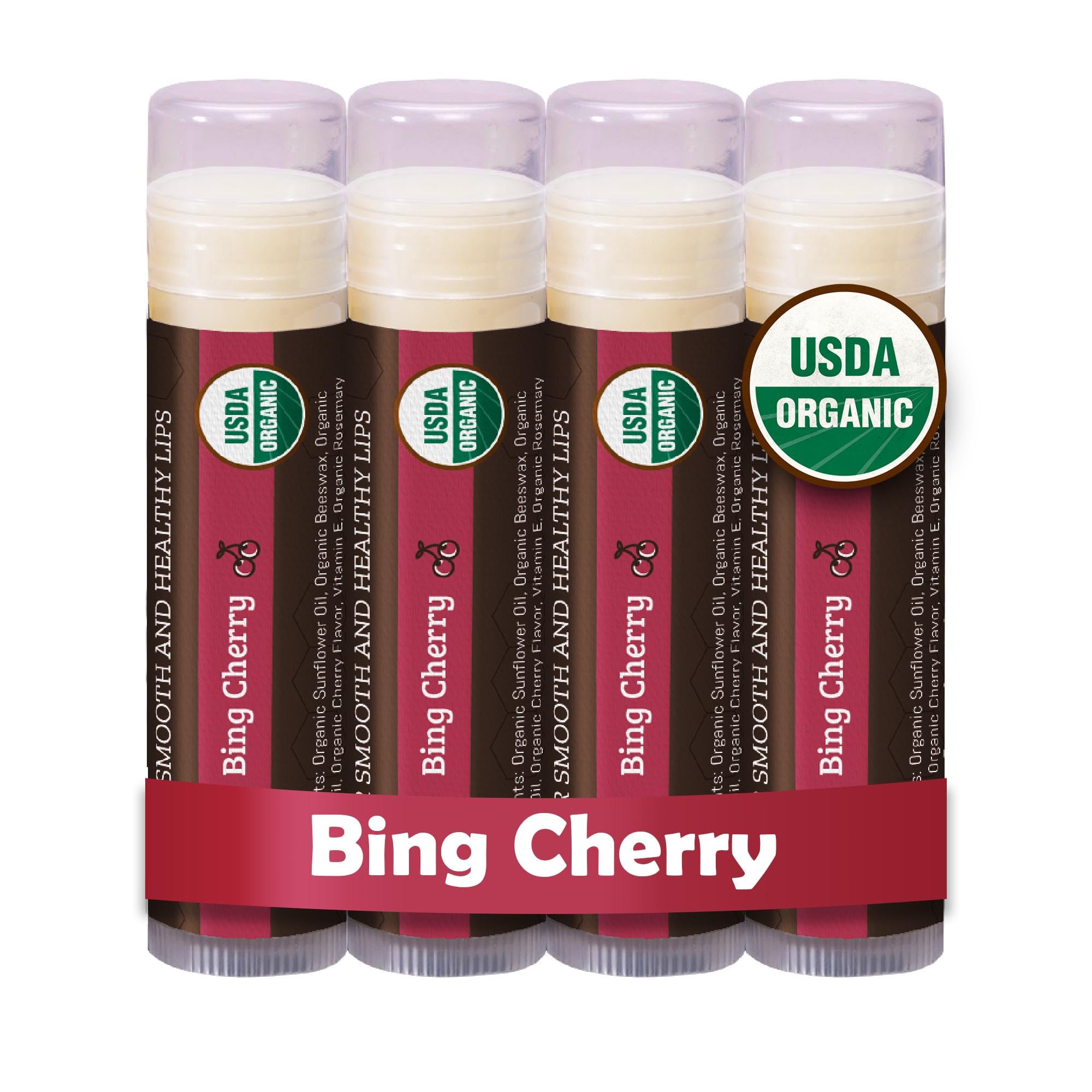 Earth's Daughter Cherry Lip Balm 4-pack on display for travel and daily use.