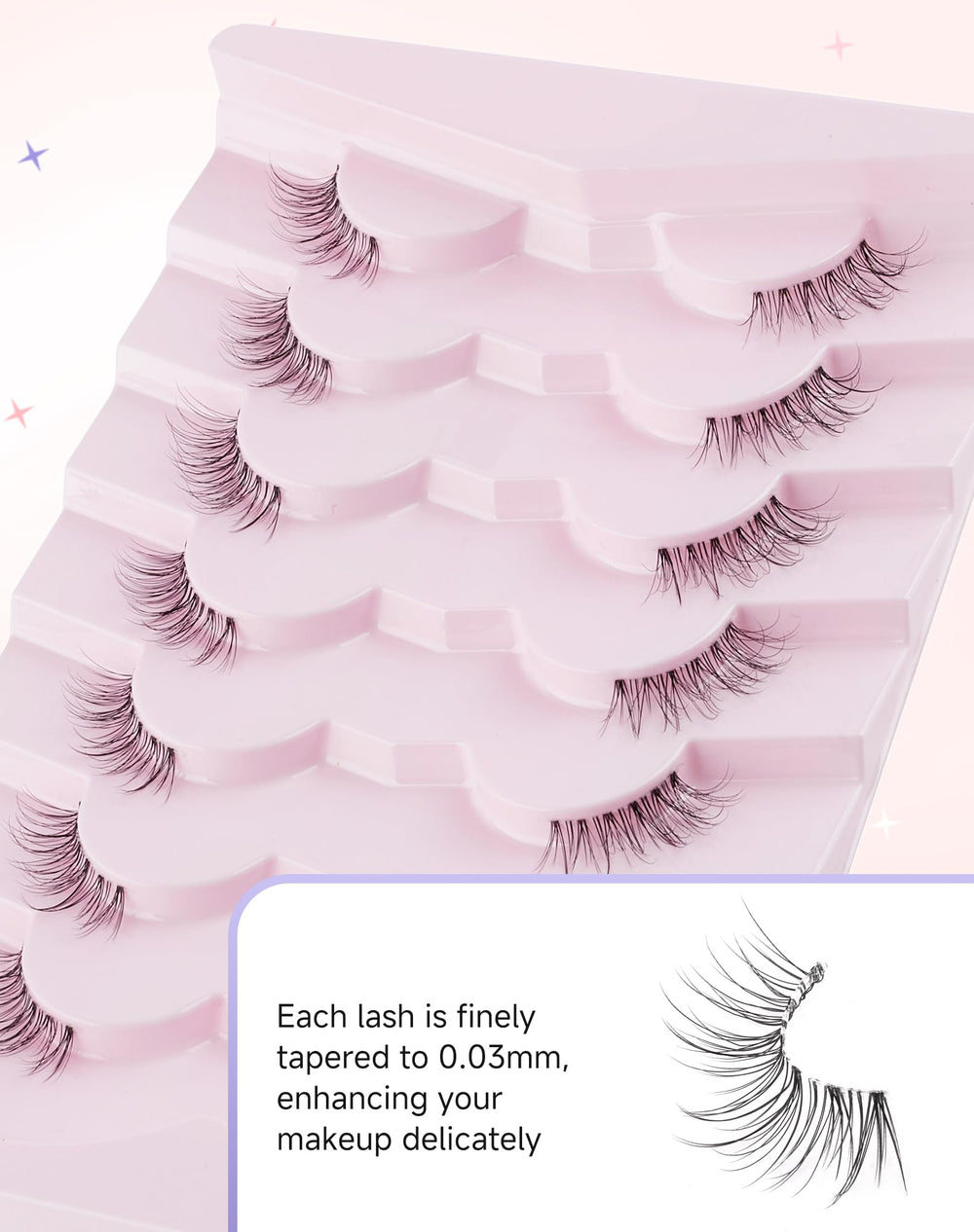 Easeful Half Lashes wispy finish enhances eye definition with light weight.
