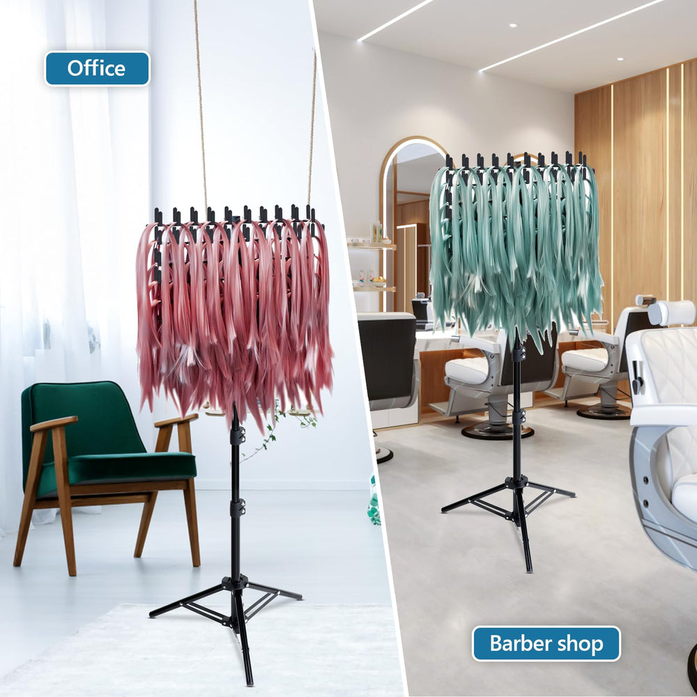 Eastdone vertical storage rack saves counter space in salon.