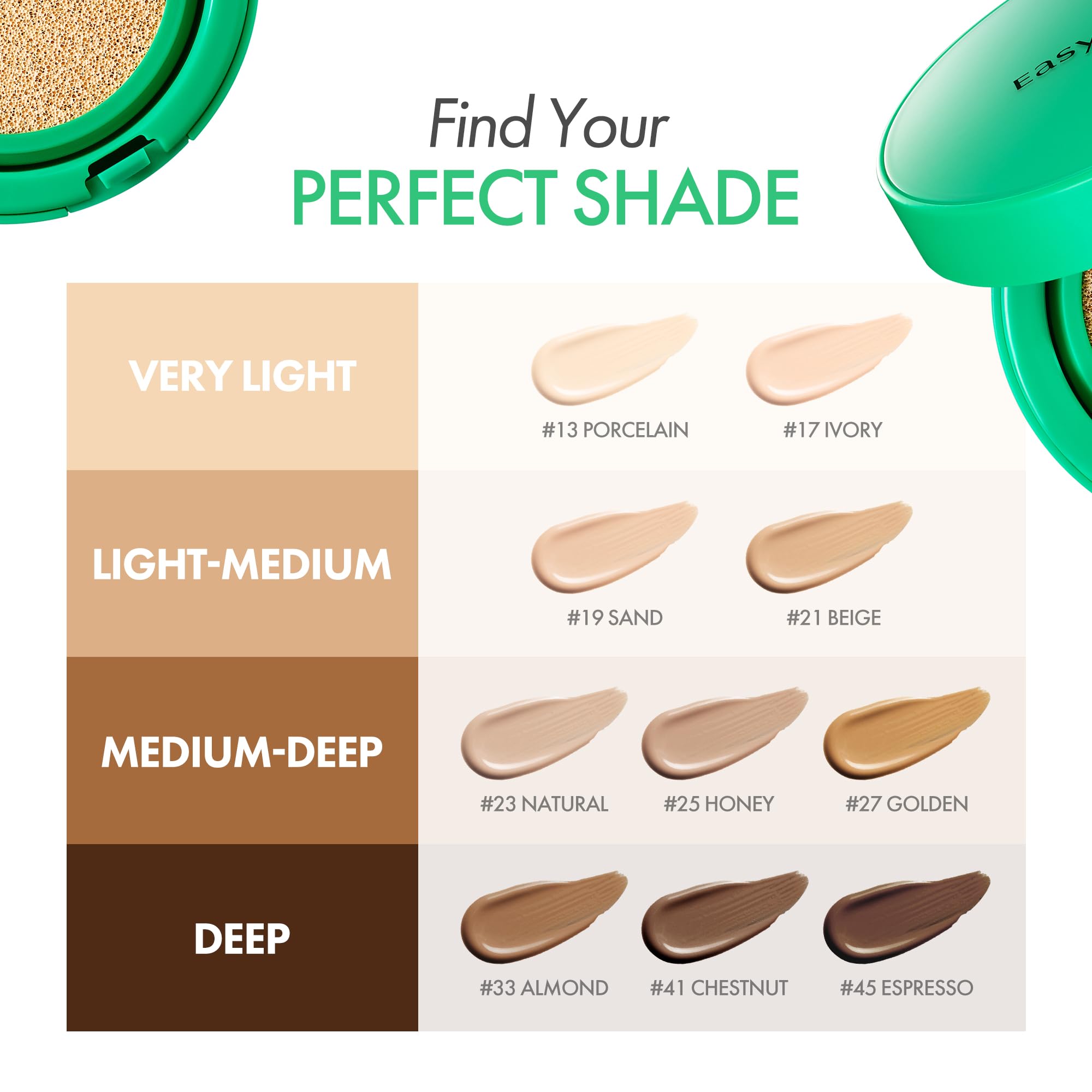 Easydew Mela B Cushion 10-shade display for diverse undertones.