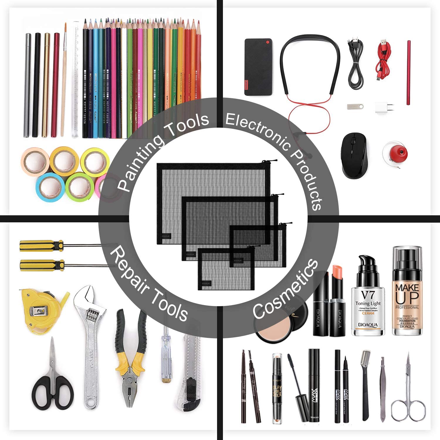 EASYFUN Mesh Pouch cosmetics storage case for quick access.