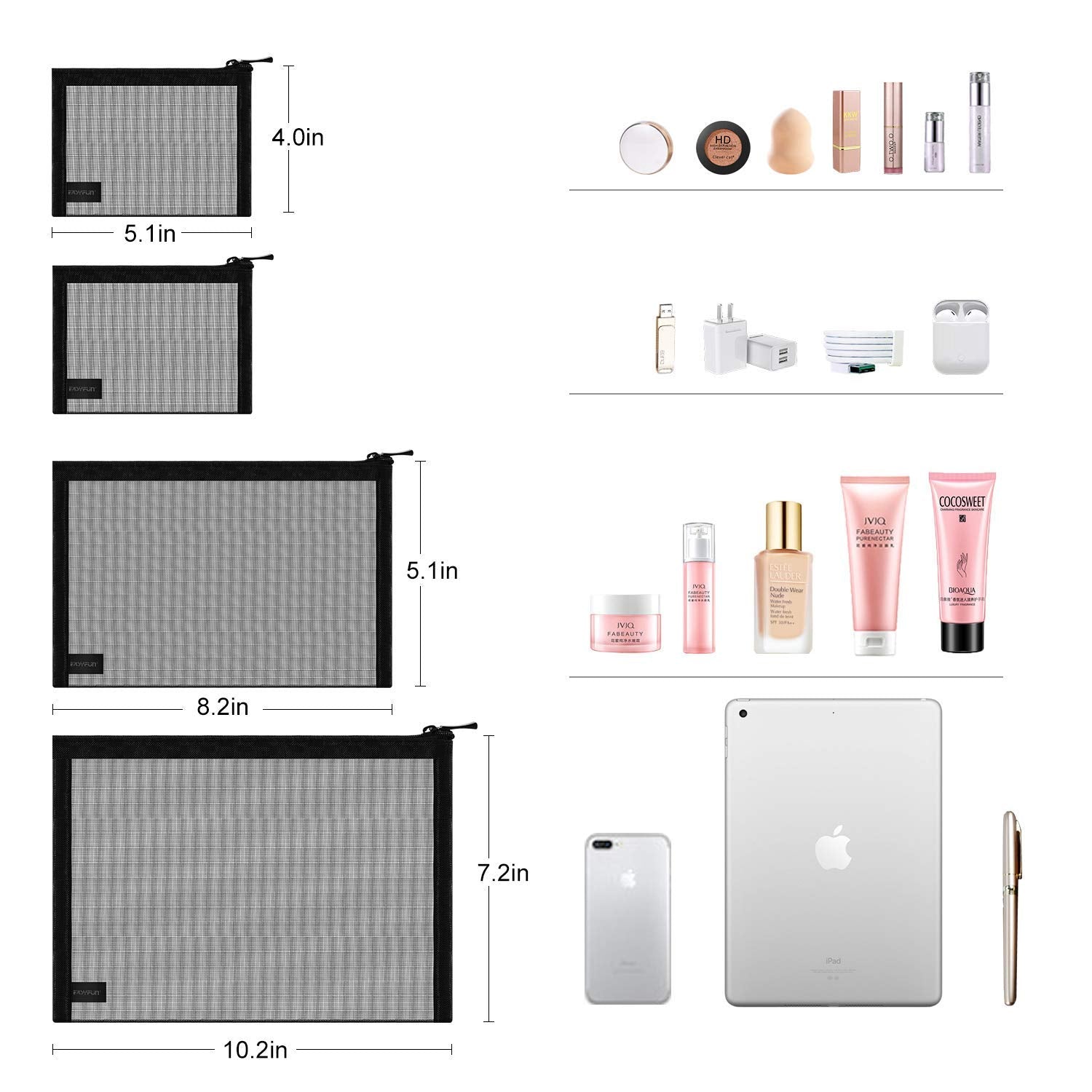 EASYFUN Mesh Pouch zipper closure close-up for secure cosmetic storage.