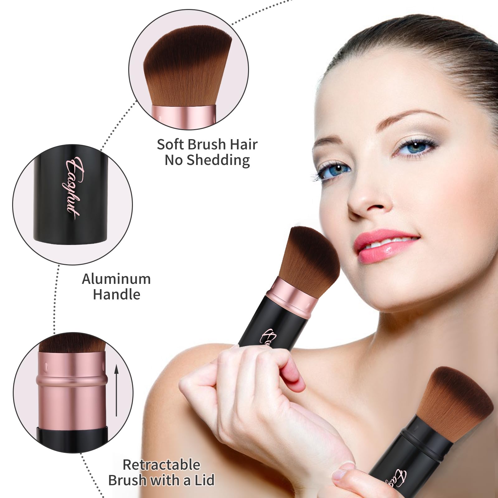 Easyhut retractable kabuki brush in rose gold shown with travel pouch