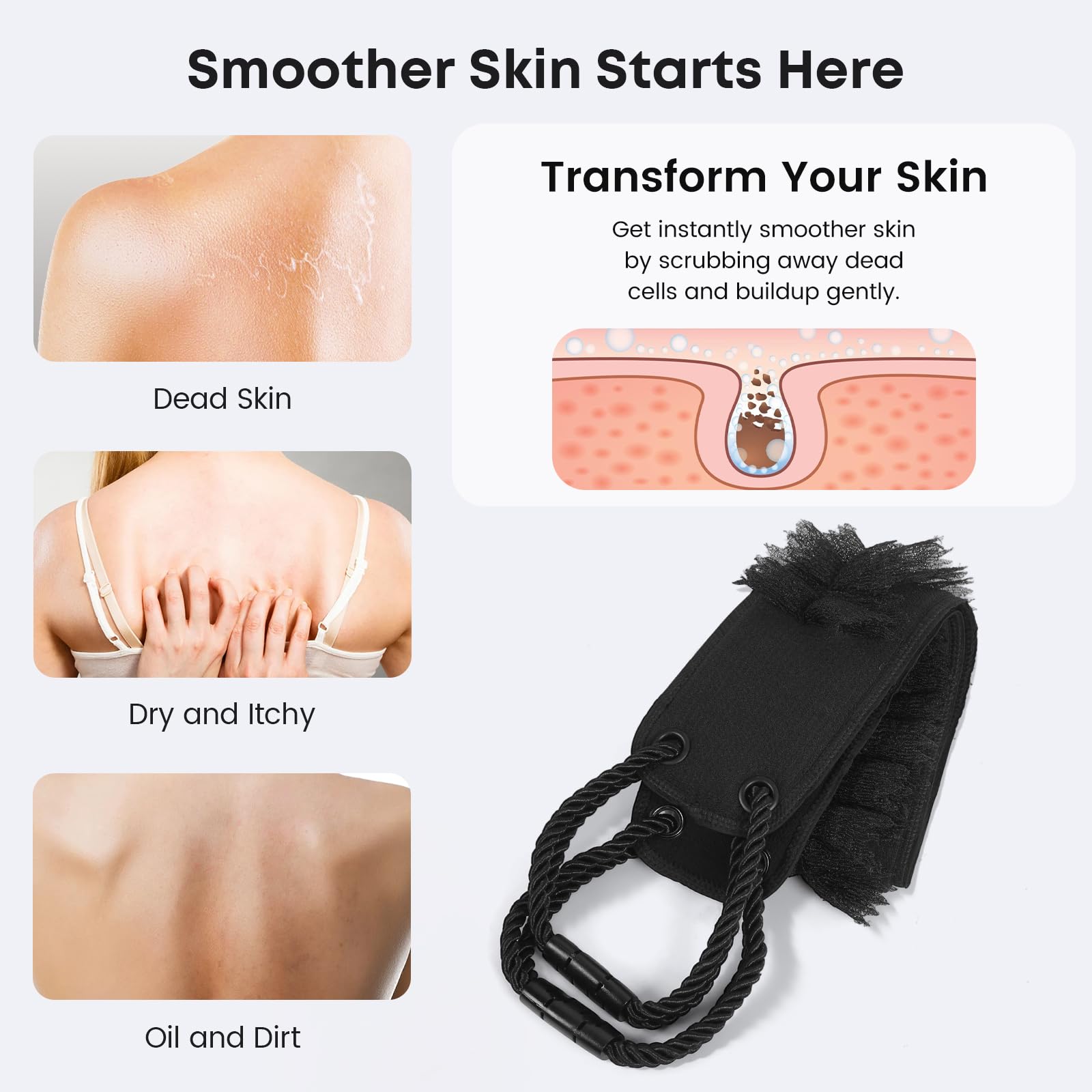 Dos lados: exfoliante y lufa para limpieza completa.