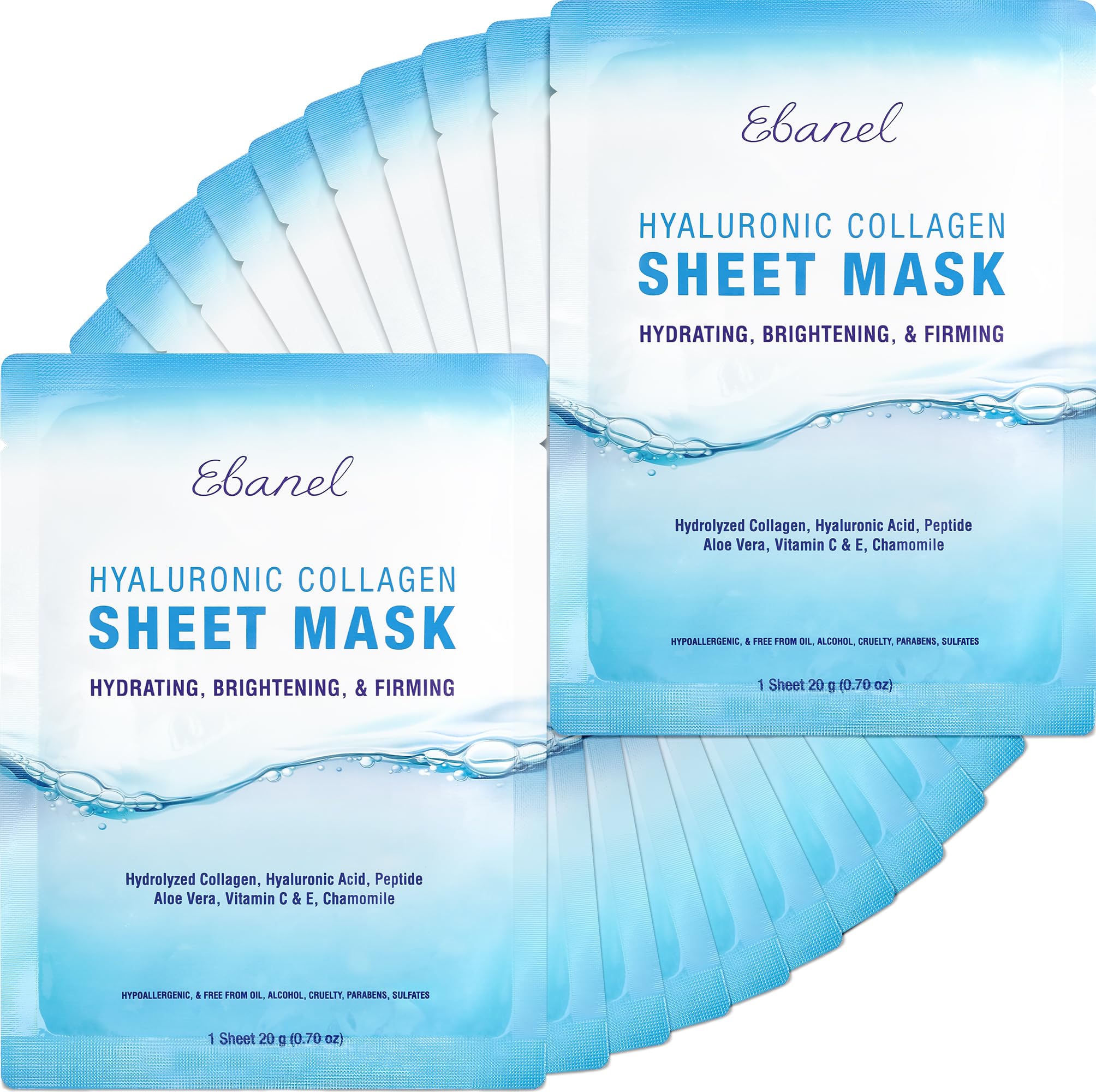 Ebanel 20-pack collagen mask with hyaluronic acid packaging close-up showing hydration-boosting benefits