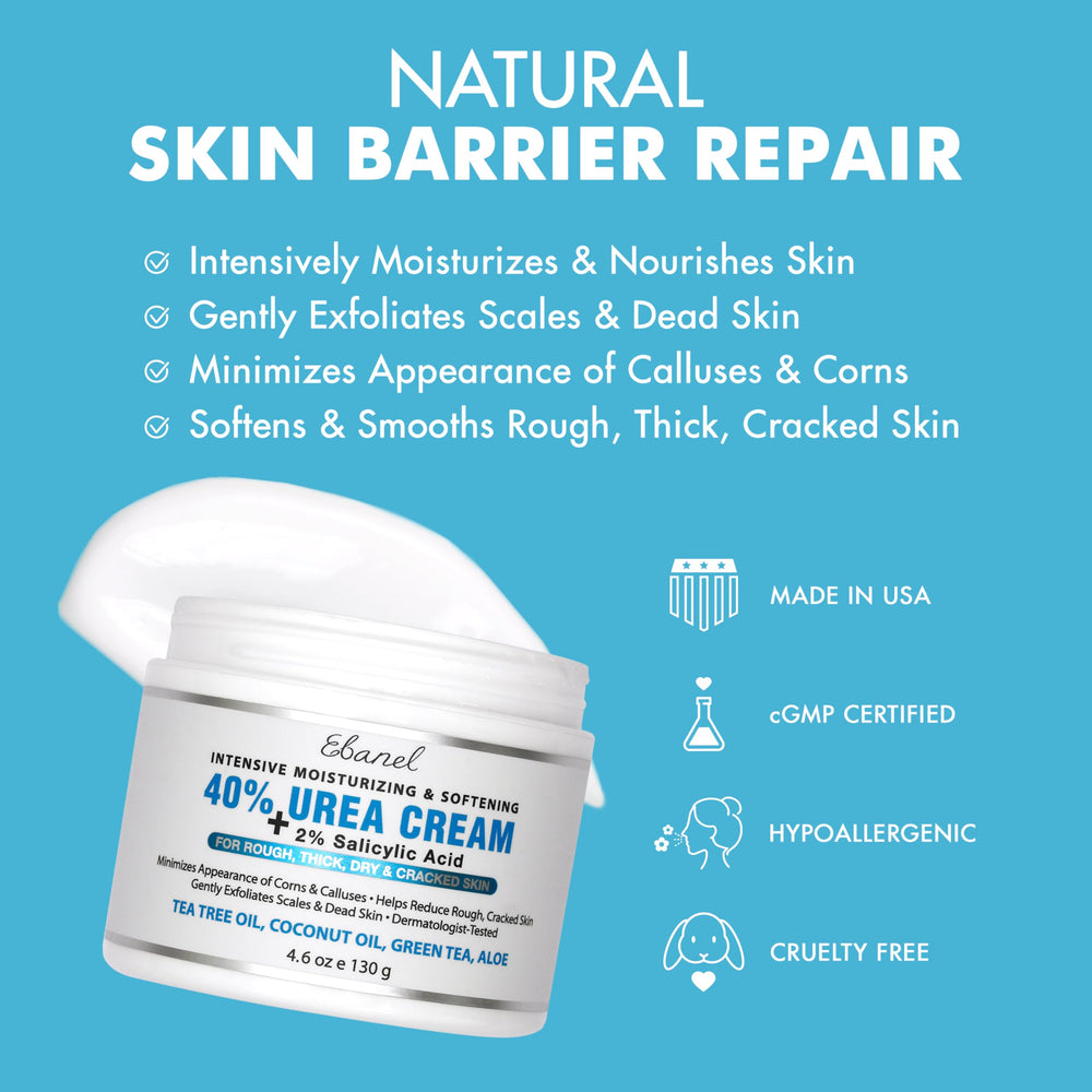 Ebanel 40% urea with salicylic exfoliation softens rough foot skin.