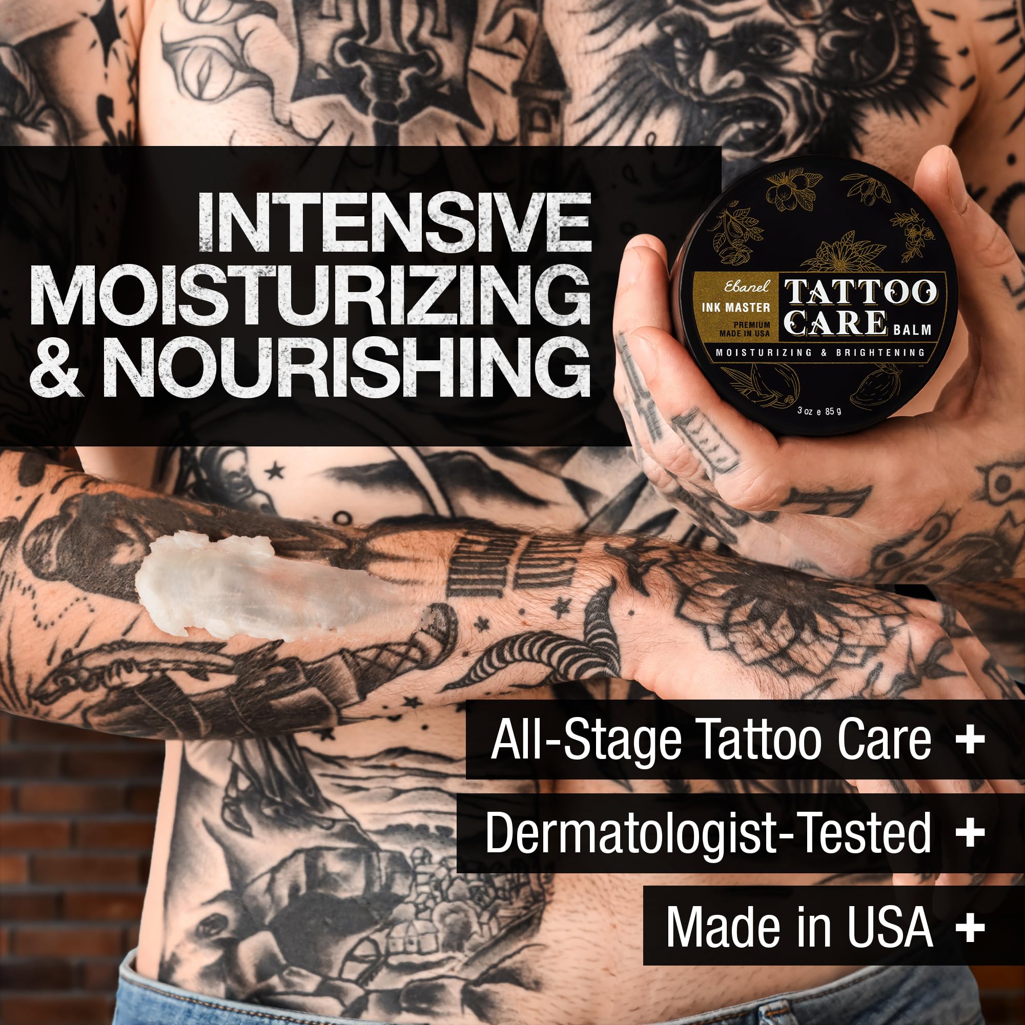 Ebanel Ink Master Tattoo Balm container highlighting natural butters and oils.