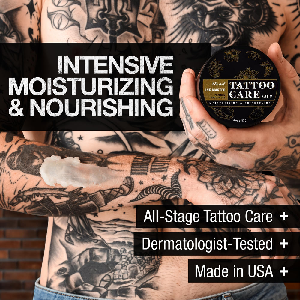 Ebanel Ink Master Tattoo Balm container highlighting natural butters and oils.