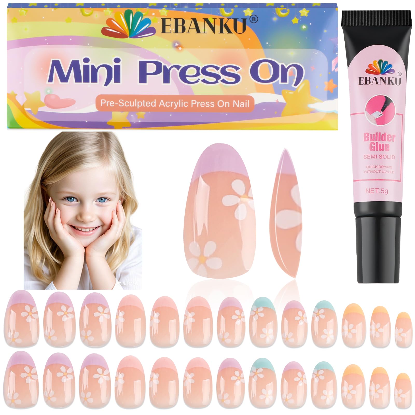 EBANKU uñas postizas para niñas con rosa y flor, ideal para manicura rápida en casa